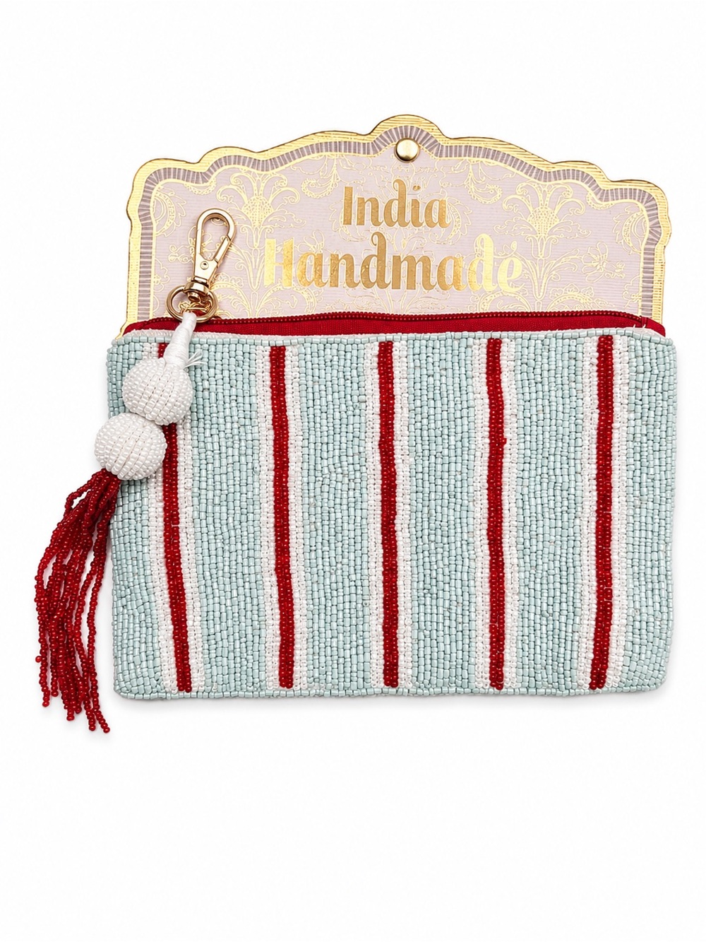 Red Stripe Beaded Coin Purse Keychain Coastal Coquette Handmade India Pouch